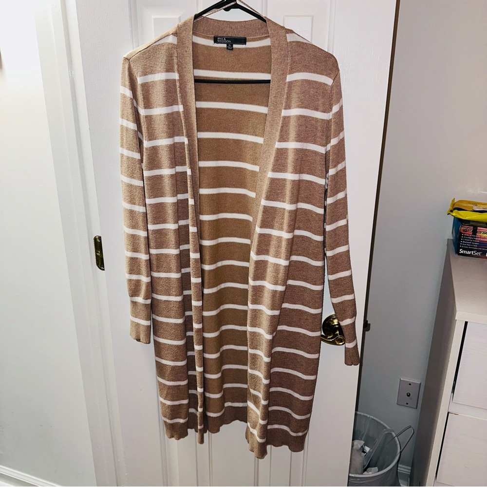 Striped Long Open-Front Cardigan Sweater - Camel & White